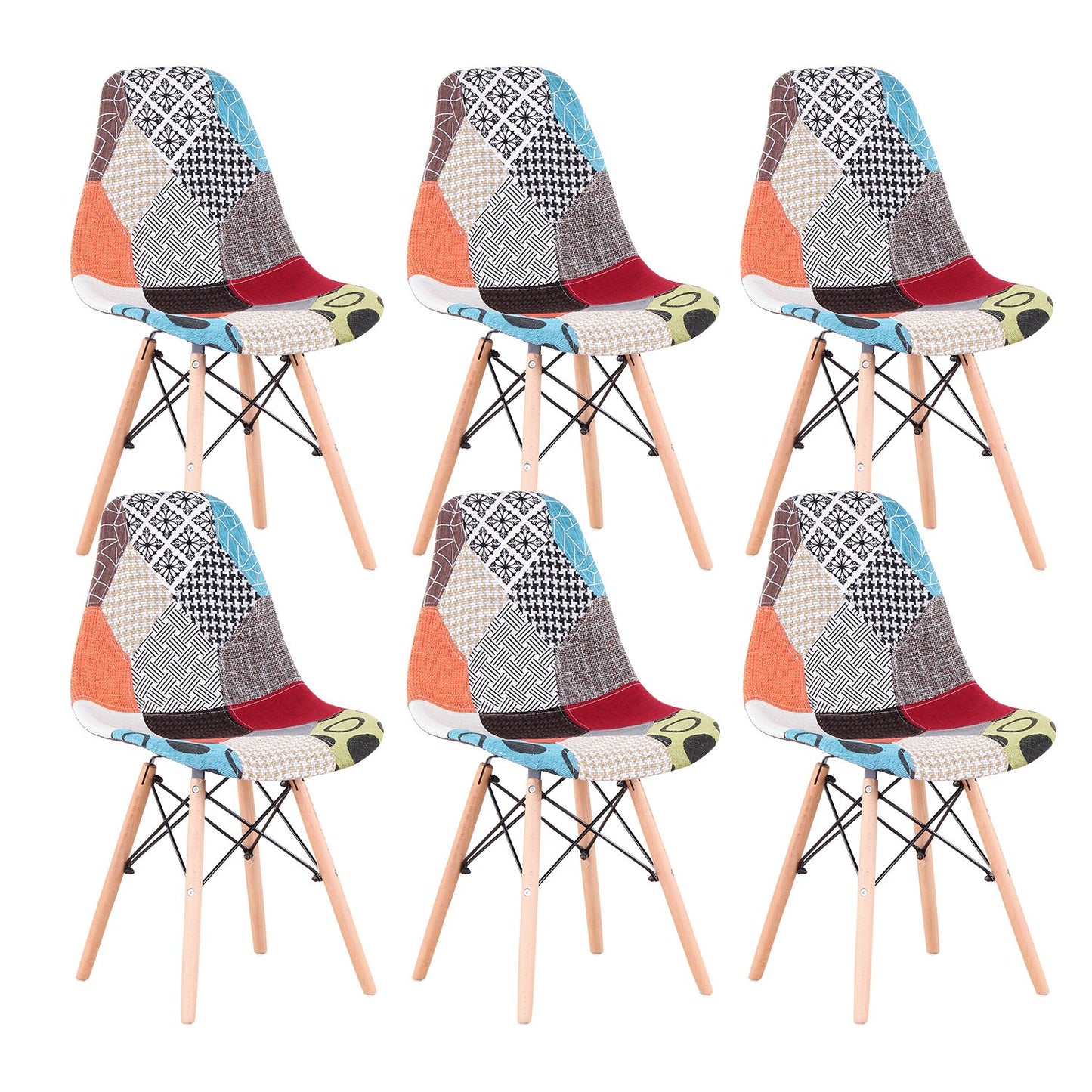 6Pcs/Set Patchwork Fabric Dining Chairs with Wood Legs