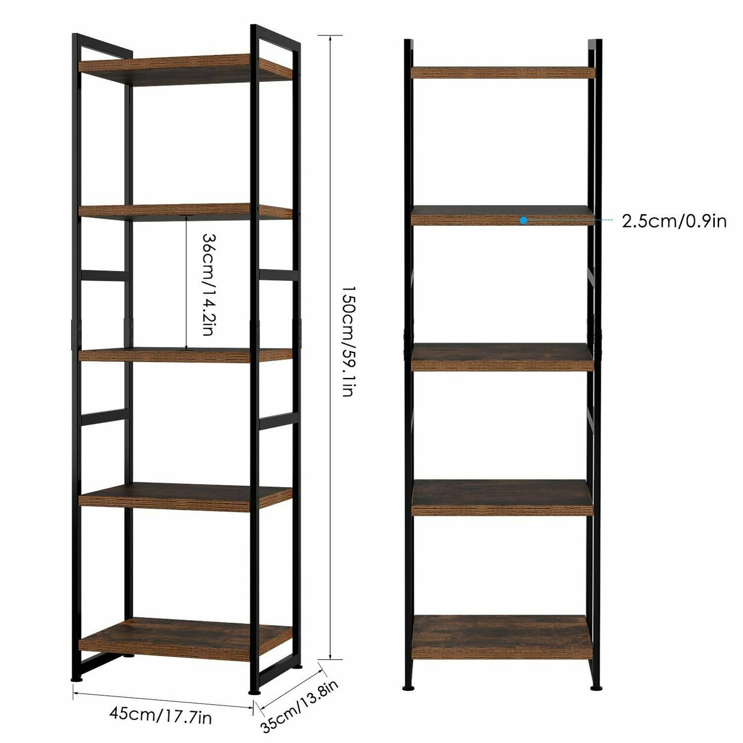 5 Tier Vintage Shelving Unit | Wood and Metal Book Shelves